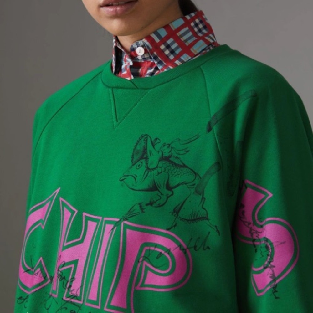 Fish And Chips Print Cotton Sweatshirt In Pigment Green - Picture 2 of 9